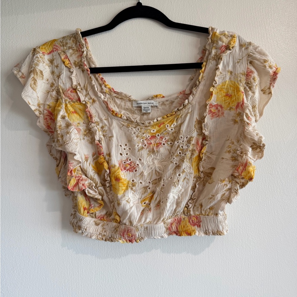 American Eagle Outfitters Floral Eyelet Cropped Top - Cream, Yellow, Pink